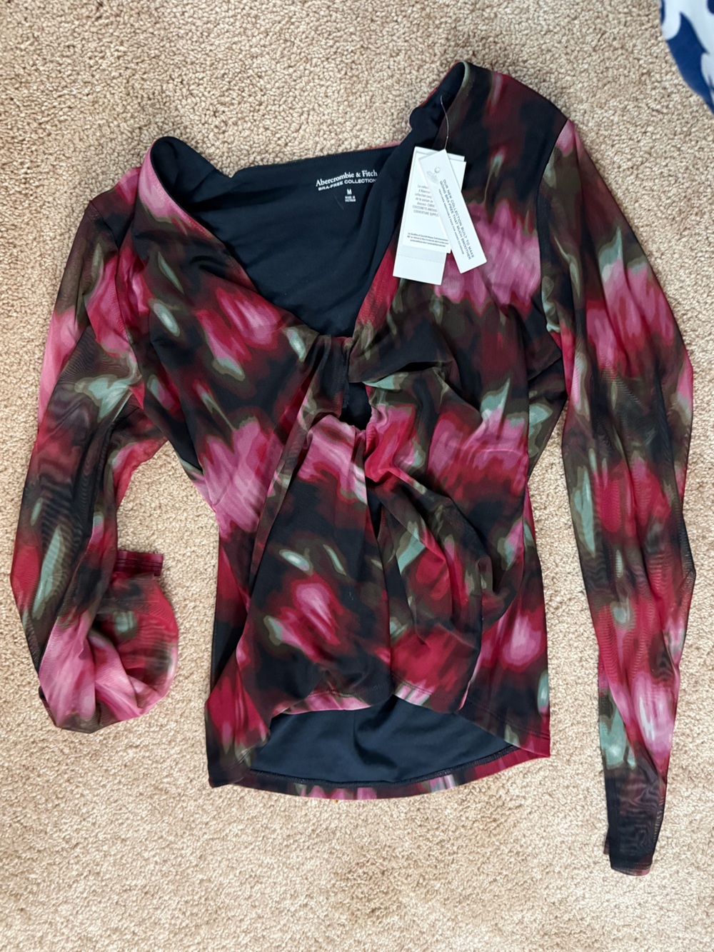 Abercrombie & Fitch Black and pink Floral Twist front mesh Blouse